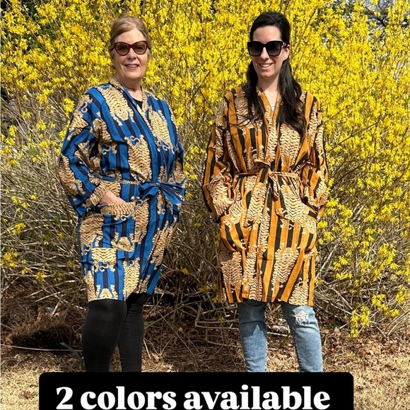 Bath Robe Belted Pockets Made In Indian Lightweight Striped Tigers Cotton Gold - Picture 6 of 8